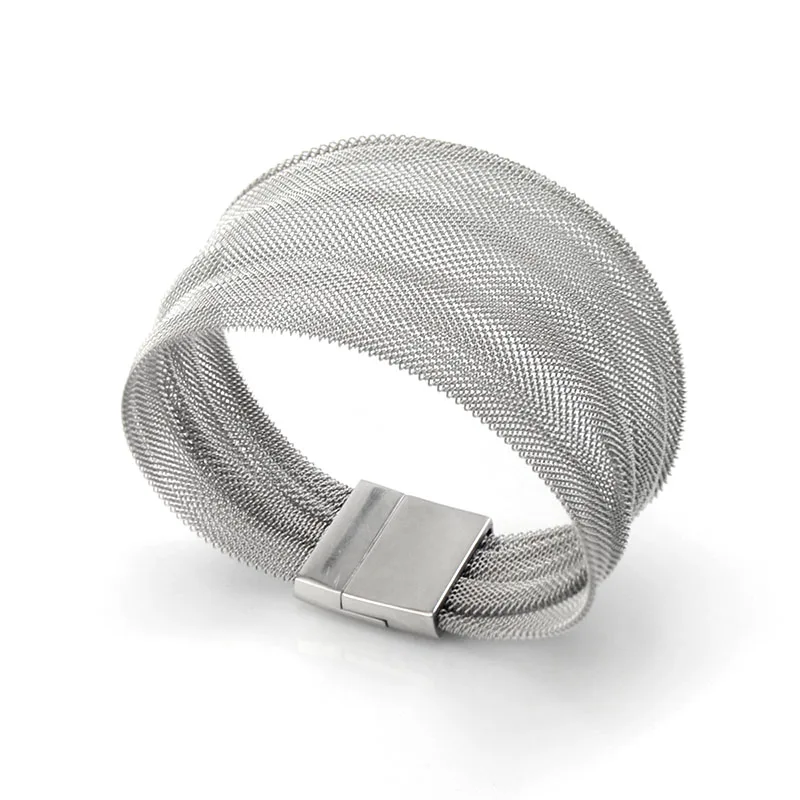 Stainless Steel Magnetic Clasp Wide Mesh Bracelet Silver Color for Women 1 Piece Jewelry Accessory 4