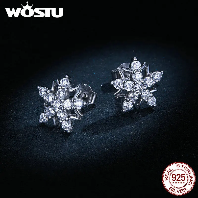 WOSTU, Настоящее серебро, 925 пробы, снежинка, серьги-гвоздики, сверкающий циркон, свадебные серьги для женщин, модное ювелирное изделие CTE228