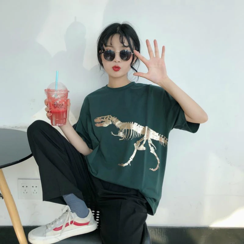 KYMAKUTU Harajuku Hipster Summer Dinosaur Printed Women's T Shirts Short Sleeve O Neck Loose Female Tee Shirt Poleras Mujer Tops Tops