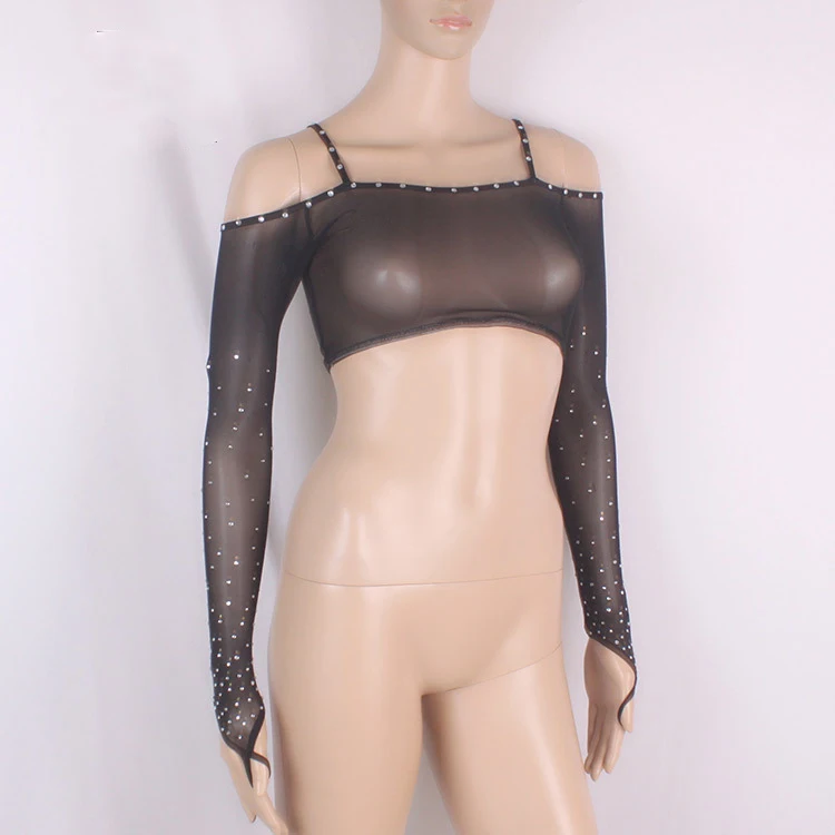 

Women Sequin Rhinestone Tulle Mesh Lace Shrug Long Sleeve Sparkly Belly Dance Crop Top Belly Dance Shrug With Diamond