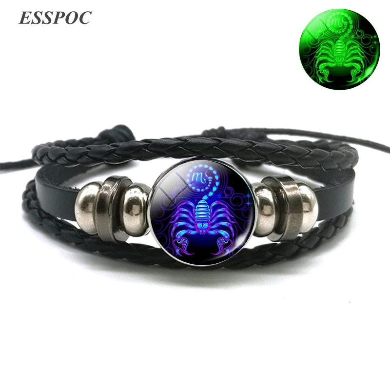 Светящийся браслет Овен Gemini Leo Libra Scorpio 12 созвездий кожаный Знаки зодиака