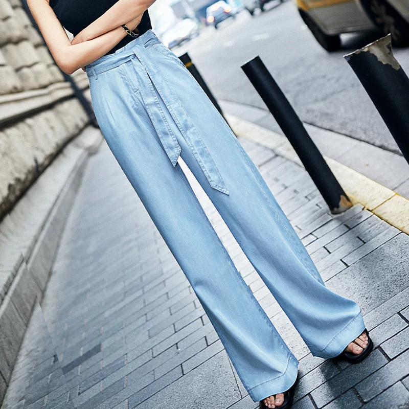 Blue Tencel Jeans Women Summer High Waist Casual Pants Sashes Button Zipper Fly Loose Denim Full Length OL Jeans for Ladies Blue Tencel Jeans Women Summer High Waist Casual Pants Sashes Button Zipper Fly Loose Denim Full Length OL Jeans for Ladies