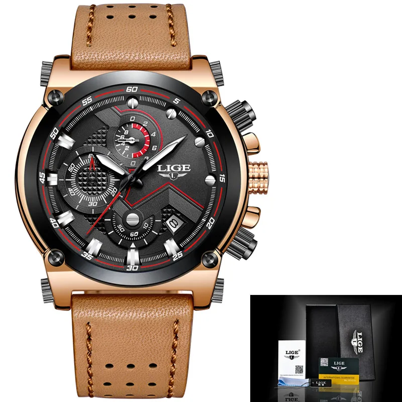 Reloje LIGE мужские часы, мужские кожаные автоматические кварцевые часы с датой, мужские роскошные брендовые водонепроницаемые спортивные часы, мужские часы - Цвет: Leather brown black