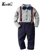 Kimocat/серая рубашка с длинными рукавами для мальчиков с полосатым воротником и брюки с комбинезоном Костюм Джентльмена