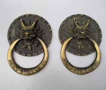 

Collectible Home Decorated Crafts 1 Pair Chinese Handwork Old Brass Big Dragon Door Knocker style 0006