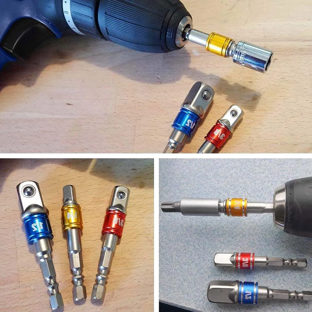 3Pcs 1/4" 3/8" 1/2" Hex Wrench Sleeve Extension Bar Drive Power Drill