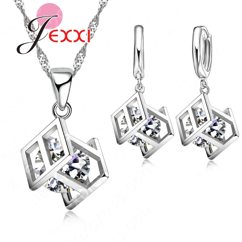 One Set 925 Sterling Silver Cubic Zircon Geometry Hollow Pendant Jewelry Set Women Jewelry Fast Shipping High Quality