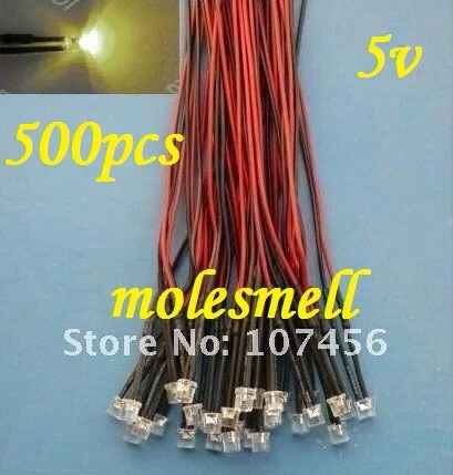 Free shipping 500pcs Flat Top warm white LED Lamp Light Set Pre-Wired 5mm 5V DC Wired 5mm 5v big/wide angle warm white led photo