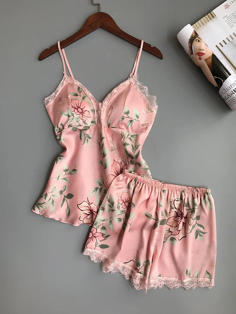 Jerrinut Women Sleepwear Silk Pajamas Set Nightgowns Sexy Lingerie Summer Silk Satin Lace Sleeveles Home Wear With Chest Pad 7 (2)