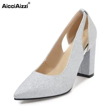 

ZALAVOR Size 32-43 Ladies Square High Heels Spring Pumps Women Slip On Pointed Toe Shoes Women Bling Sexy Wedding Footwear