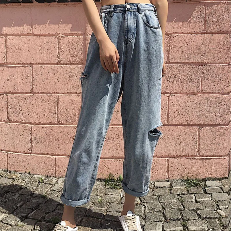 

Plus Size 5XL Womens Denim Pants Summer Vintage Loose Slim Wide Leg Harem Pants High Waist Hole Ladies Jeans Trousers Mujer A315