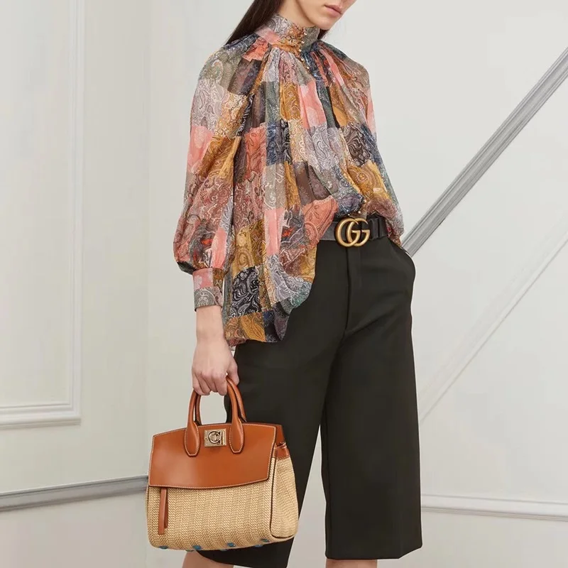 

2019 Brand Designer Summer New Women Fashion Printed Puff Sleeve Joker Loose Shirt Top Stand Single-breasted Street Wind Shirt