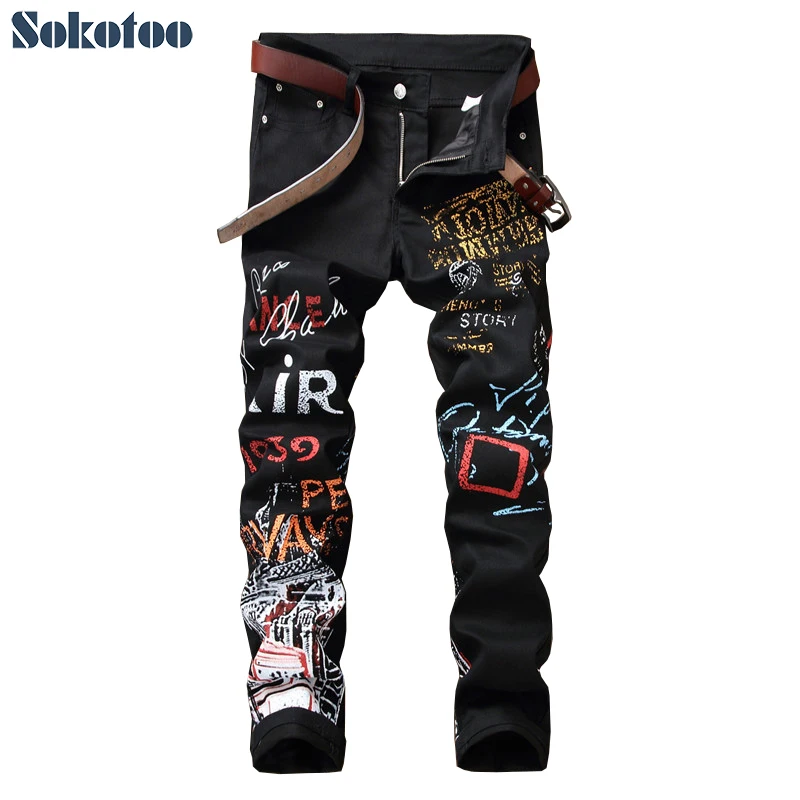 Sokotoo Men's letters pattern printed black jeans Fashion painted slim fit stretch cotton denim pencil pants Sokotoo Men's letters pattern printed black jeans Fashion painted slim fit stretch cotton denim pencil pants