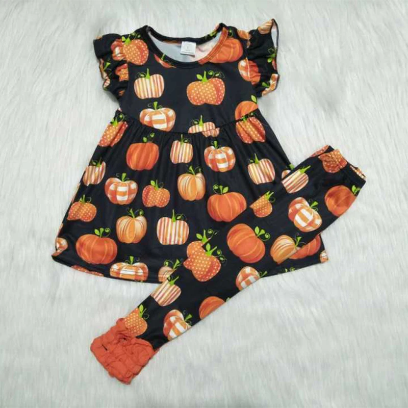 

Dropshipping Halloween Pumpkin Top and Pants Fashion Cute Reusable Baby Girl Clothes 2pcs Outfit Silk Kids Clothing Set