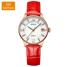 New Top Brand GEMAX Watch Women Genuine Leather 50m Waterproof Ladies Watch Automatic Women Watches Red Mechanical Watch Clock