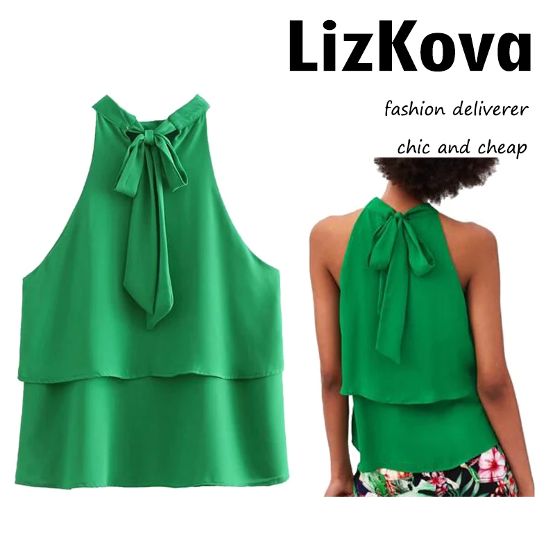 

Women Summer Tank Tops Green Halter Tops Lady Fashion Sleeveless Tanks Back Lace Up Bow Solid Color Streetwear