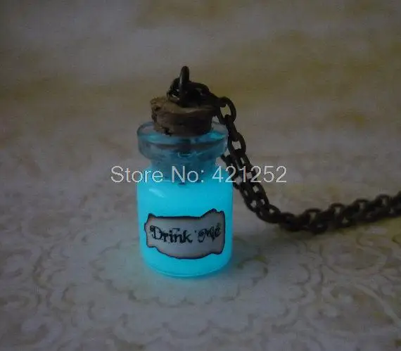 

12pcs/lot Alice in Wonderland inspired Necklace Glow In The Dark Drink Me Necklace Fantasy Glowing Jewelry