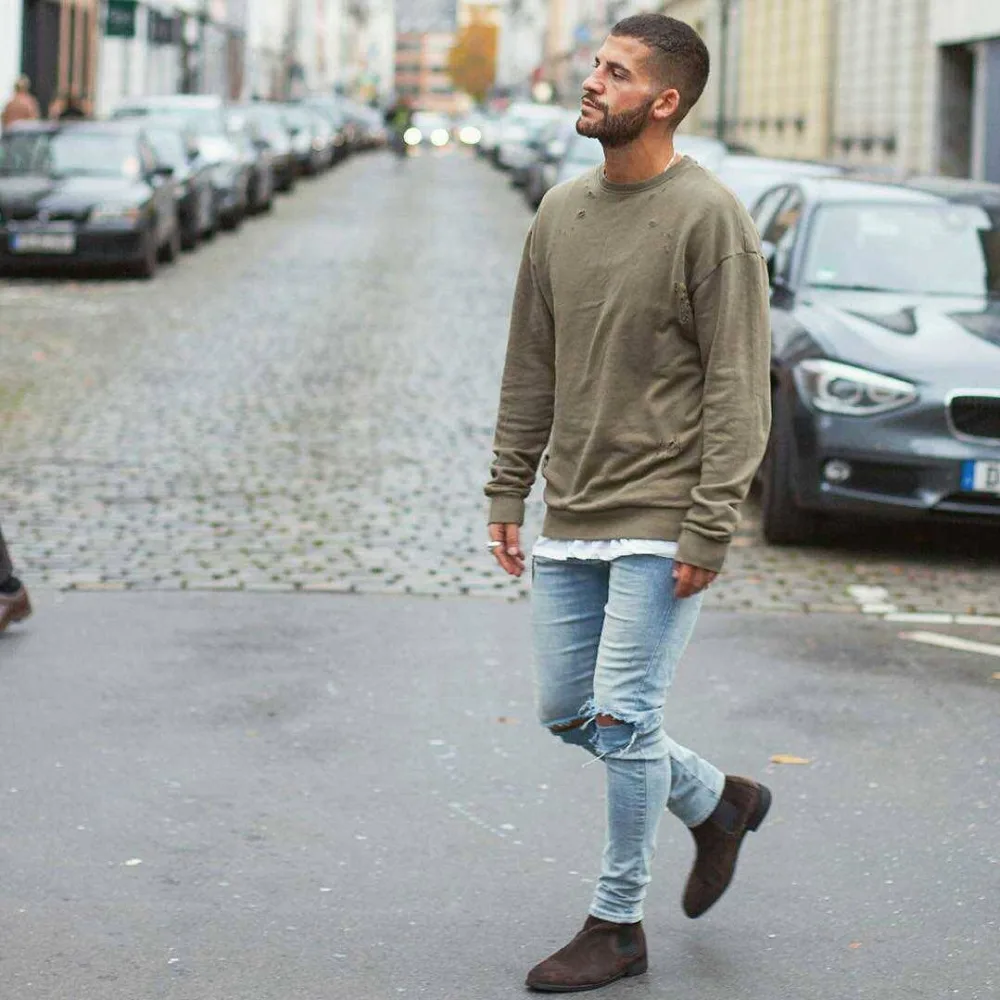HIPFANDI Мужская Уличная одежда Drake Kanye сезон пуловер мужской пот зеленый рваные негабаритных мужчин s вырез лодочкой толстовка одежда