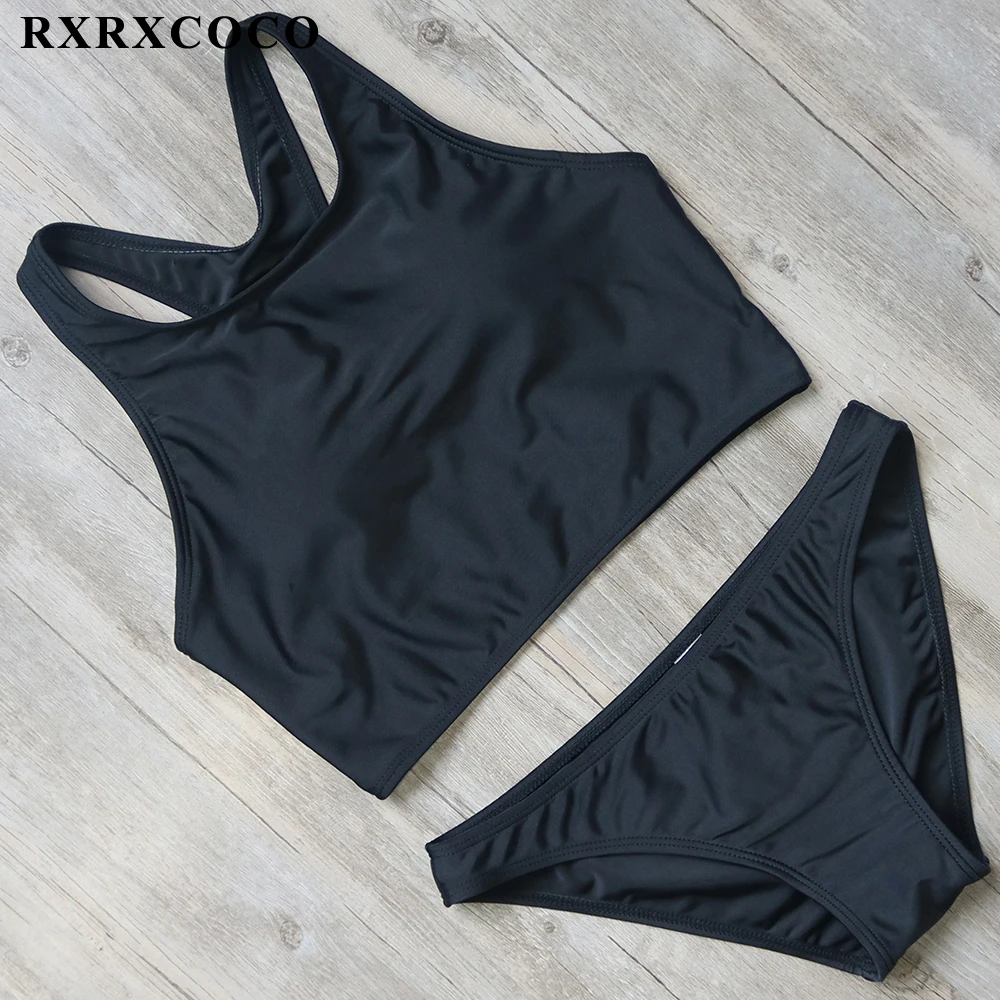 

RXRXCOCO Black Bikini Set Women Swimwear New Sports Bathing Suit Solid Bikini Vest Style Low Waist Two Pieces Swimming Swimsuit