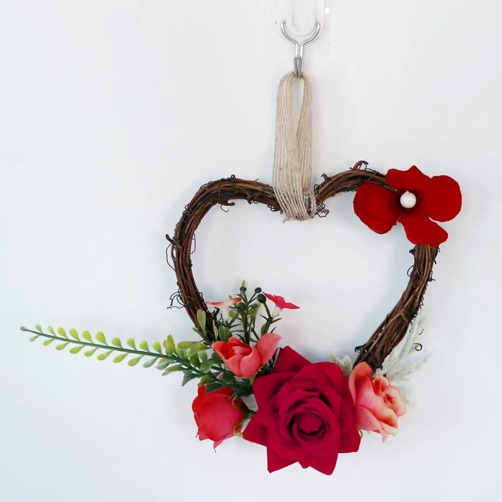 Heart Rattan Artificial Rose Flower Blossom Wreath Garland Chair Door Wall Decor