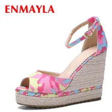 ENMAYLA Summer High Heels Wedges Sandals Women Rivtes Shoes Woman Peep Toe Strappy Sandals Mixed Colors Platform Sandals Green