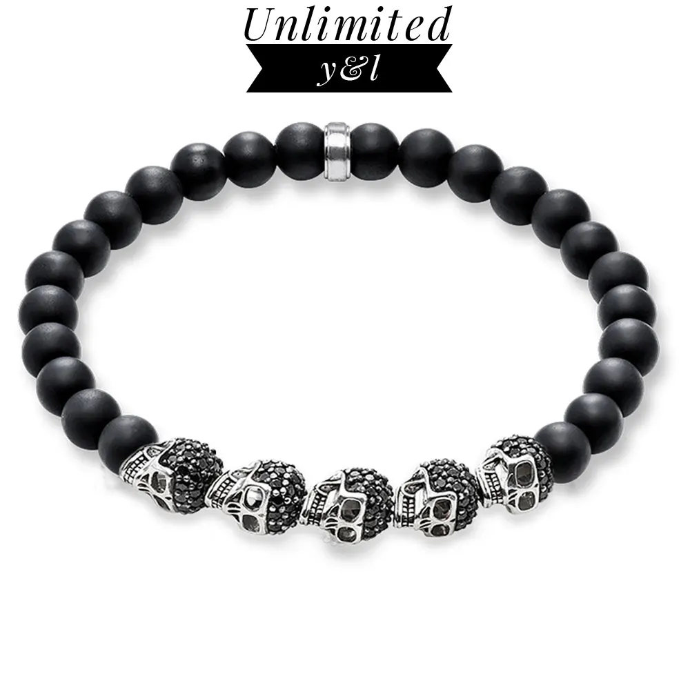 

Skull Strand Bracelets Black Obsidian Thomas Style Black CZ Beads Bracelets for Men Women Skeleton 925 Sterling Silver Jewelry