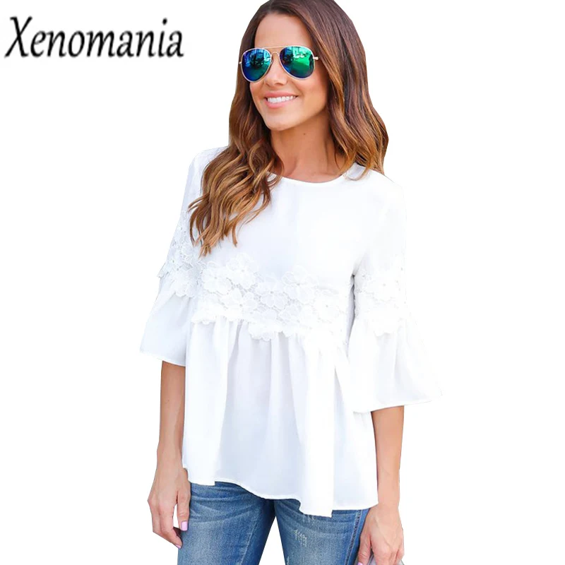 

Camisa Feminina Cheap Clothes China White Lace Blouse 2017 Shirt Women Blouses Kimono Korean Flare Sleeve Blusas Boho Top Peplum