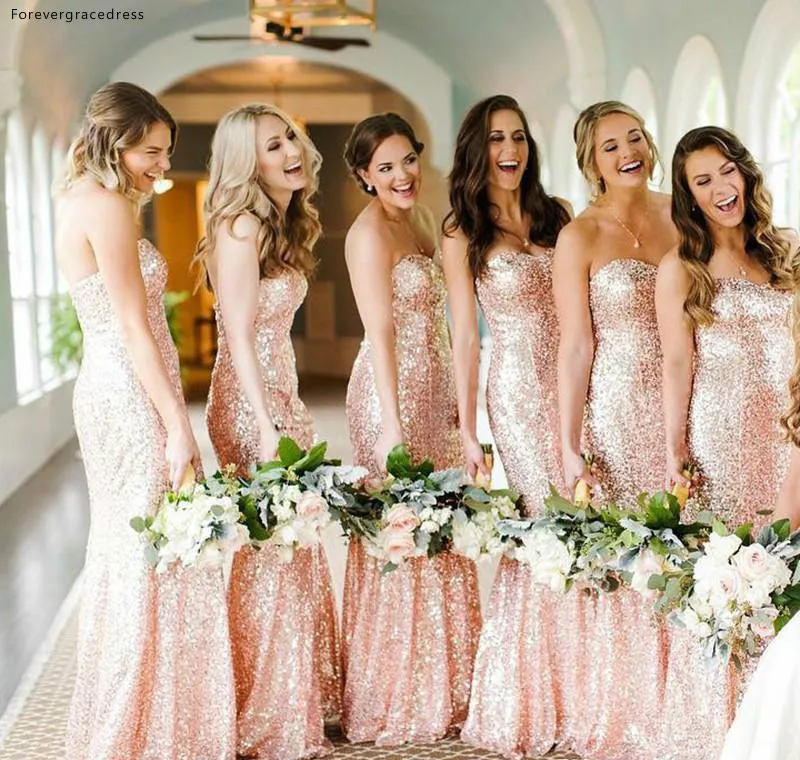 Rose Gold Sequins Mermaid Bridesmaid Dresses 2018 Cheap Custom Made Sweetheart Long Wedding Guest Dress Evening Party Gowns  93 (3)