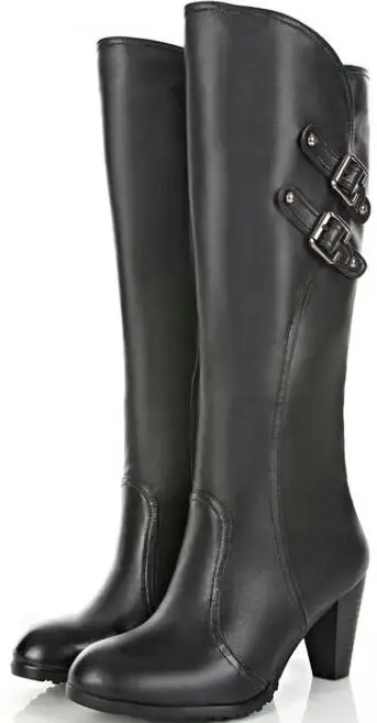 Женские зимние сапоги до колена из натуральной кожи на толстом высоком каблуке с круглым носком и пряжкой; большие размеры 33-45; SXQ1007 - Цвет: Черный