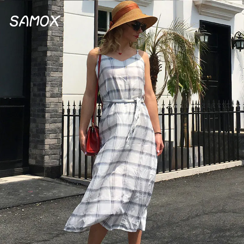 

JSMY 2019 New Summer Women Fashion Bohemian Style Sling V-Neck Dress Black And White plaid Free Belt