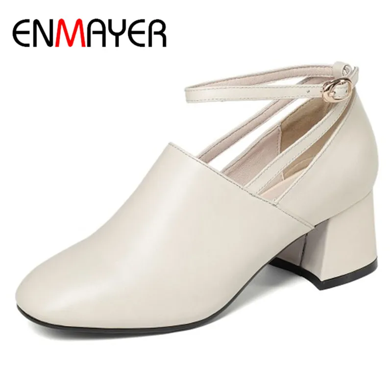 

ENMAYER Ankle Strap Pumps Shoes Woman Round Toe Genuine Leather Shoes Buckle Strap High Heels Office Ladies Shoe Plus Size 34-41
