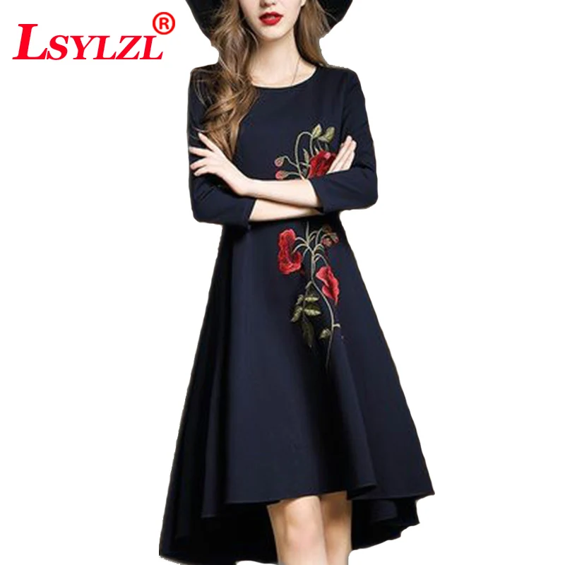 

2018 summer New Women embroidery Dress O Neck seven sleeve fashion women dress elegant plus size Navy blue parties dress T268