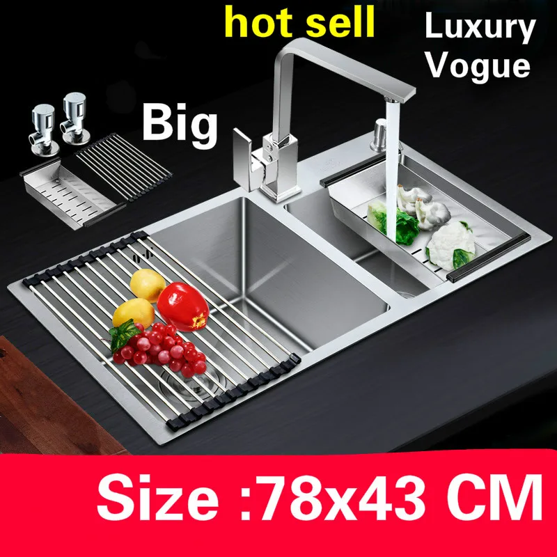 

Free shipping Home vogue ordinary kitchen manual sink double groove high capacity durable 304 stainless steel 780x430 MM