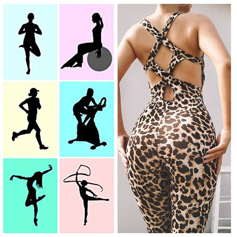 Sfit женский сексуальный леопардовый комбинезон для йоги без рукавов с открытой спиной спортивная повязка комбинезон спортивный костюм