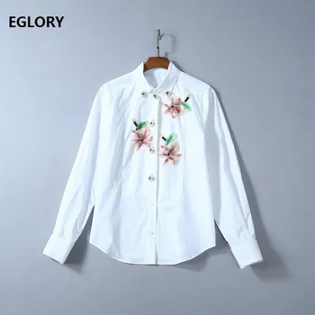 

Tops Fashion Designer Blouses 2019 Autumn Shirts Women Turn-down Collar Hand Made Beading Flowers Long Sleeve White Shirt Blouse
