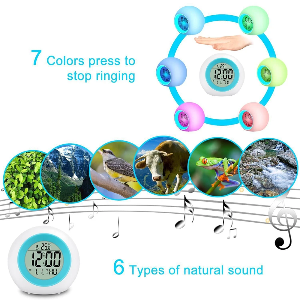 Круглый Красочный светодиодный Будильник, термометр для обучения детей, календарь, шар, Ночной светильник, будильник, многофункциональные повтора, настольные часы