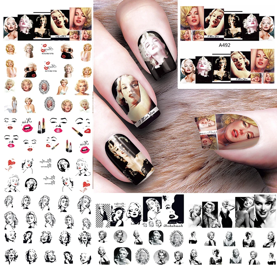12 листов в партии Мэрилин Монро наклейка на ногти водная наклейка для украшения ногтей маникюр поддельные ногти аксессуары инструменты