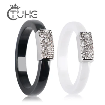 

Rectangle AAA Zircon Ceramic Ring For Women Silver Party Ceramic Rings Finger Jewelry Female 3mm Thin Stacking Tail Ring Jewelry