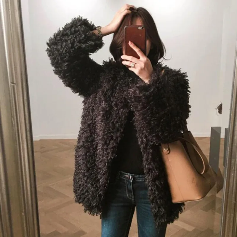 Cou Lâche Agneau Noir Faux O coffee Longue Shaggy Noir Vestes Mi D'hiver Long Élégant Bouclés Fourrure Poilu rose Manteau Femmes dark Brown Survêtement De Rose Laine 7ZqwOX