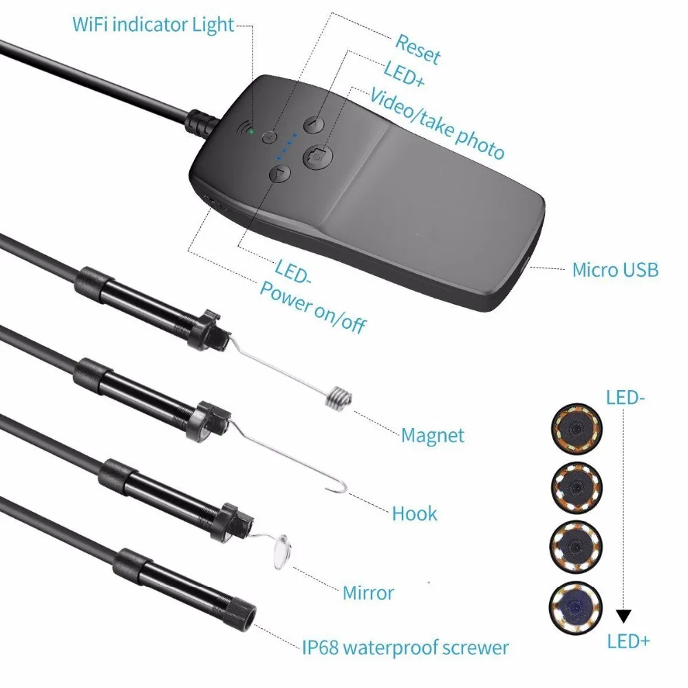 Новейший 1080P беспроводной Эндоскоп 2,0 мегапикселей WiFi Инспекционная камера IP68 Водонепроницаемый Бороскоп Полужесткий кабель led Регулируемый
