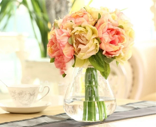 

10 heads bride bouquet wedding flowers peony rsoe silk flower artificial flower for home decoration table flowers Free shipping