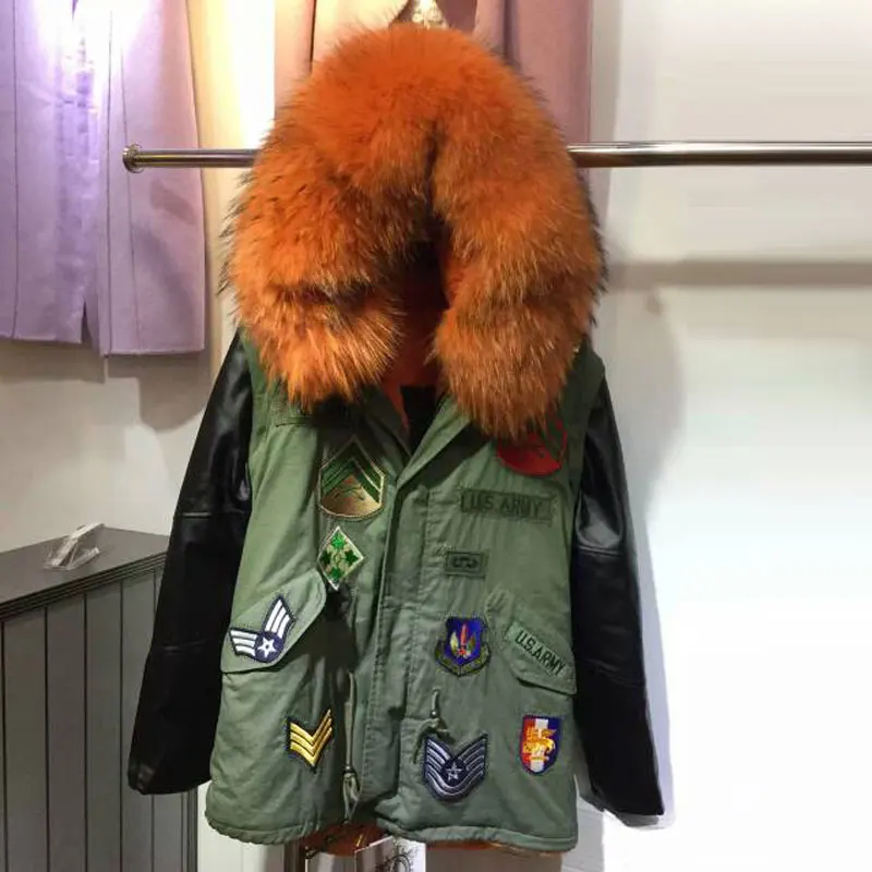 women winter leather jacket with fur Army green Parkas women Orange raccoon fur collar Badge parka sleeve leather