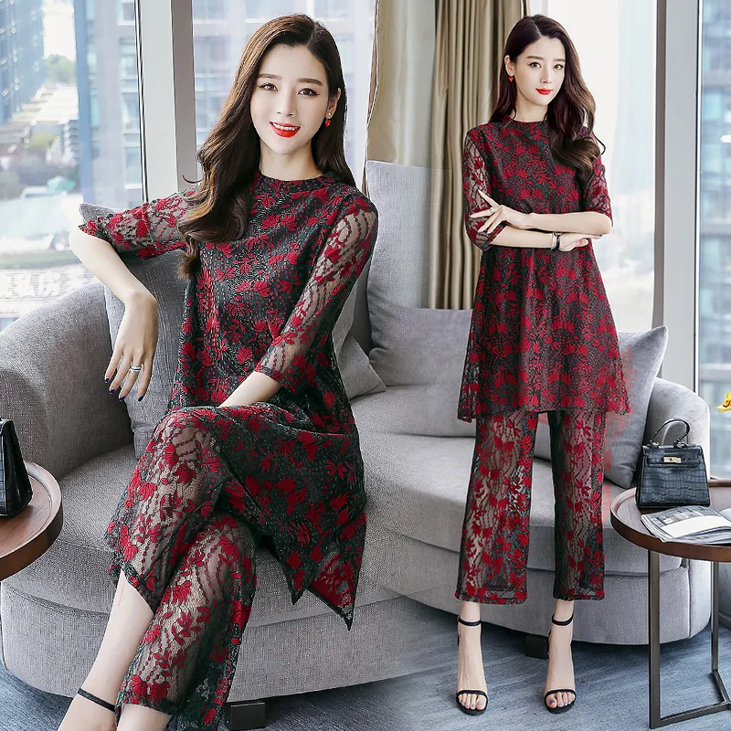 

Goddess 2 Piece Set Women Elegant Ensemble Femme Deux Pieces Pastel Lace Conjunto Feminino Embroidery Women's Summer Suit