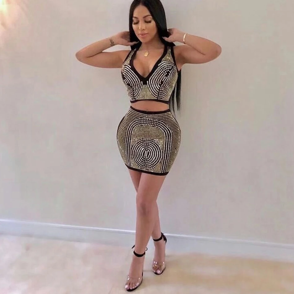 ADYCE 2019 новый летний Bodycon для женщин повязки наборы для ухода за кожей Топ и юбки бисера Глубокий V 2 шт