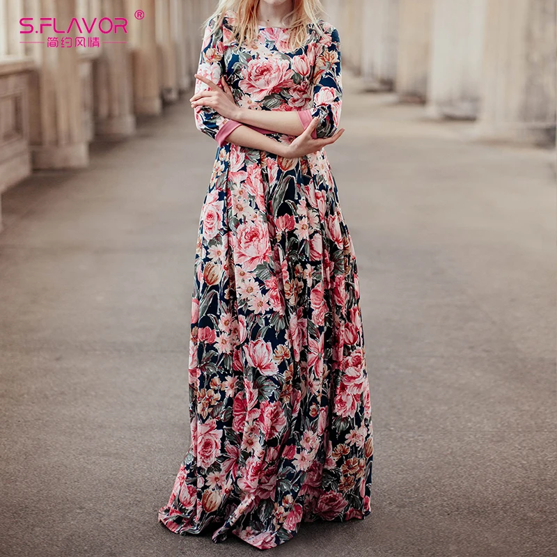 

Southpire Elegant Casual Vestidos De Bohemian Printing Long Dress O-neck 3/4 Sleeve Big Hem Women Autumn Winter Dress