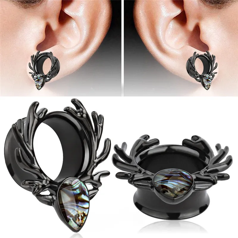 Deer Logo Ear Tunnel Shell Drop Stainless Steel Silver And Black Ear