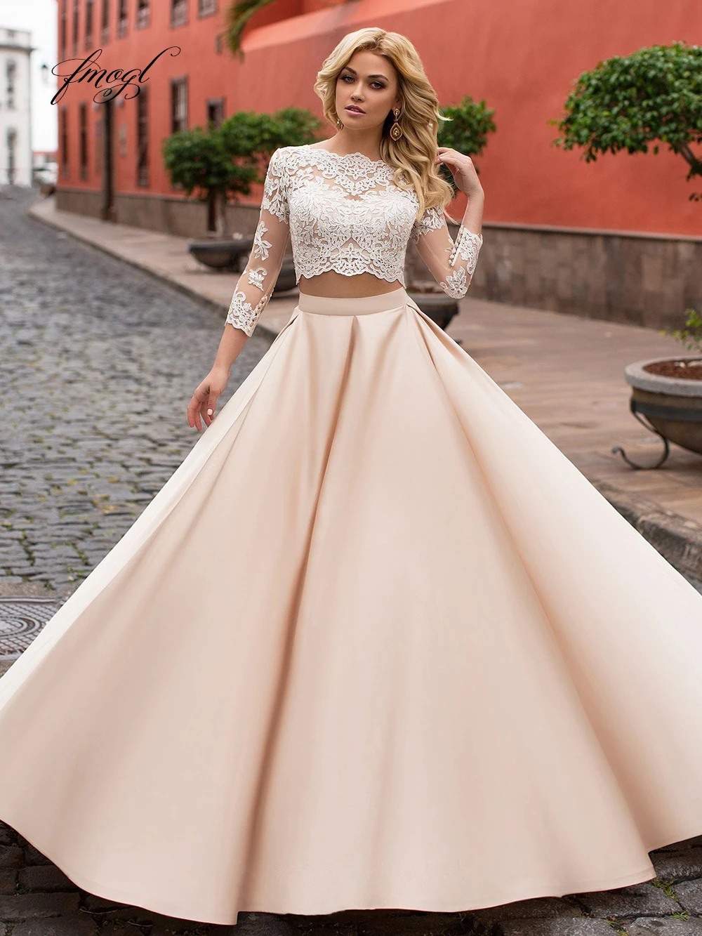 

Fmogl Sexy Illusion Two Pieces A Line Wedding Dresses 2019 Elegant Three Quarter Sleeve Appliques Satin Vintage Bridal Gowns