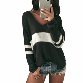 

Women Loose Long Sleeve knitwear Fashion Color Block Bottoming V Neck Sweater