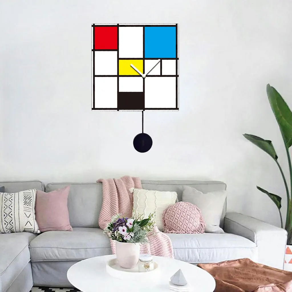 Wooden Grid Design Quartz Wall Clock Decorative Wall Pendulum Clock for Home Office Decoration, 22x33x5cm