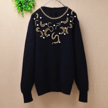 

Korea women winter Vintage plush angora rabbit fur beading knitted o-neck loose blouses long sleeve mink pullover sweater women